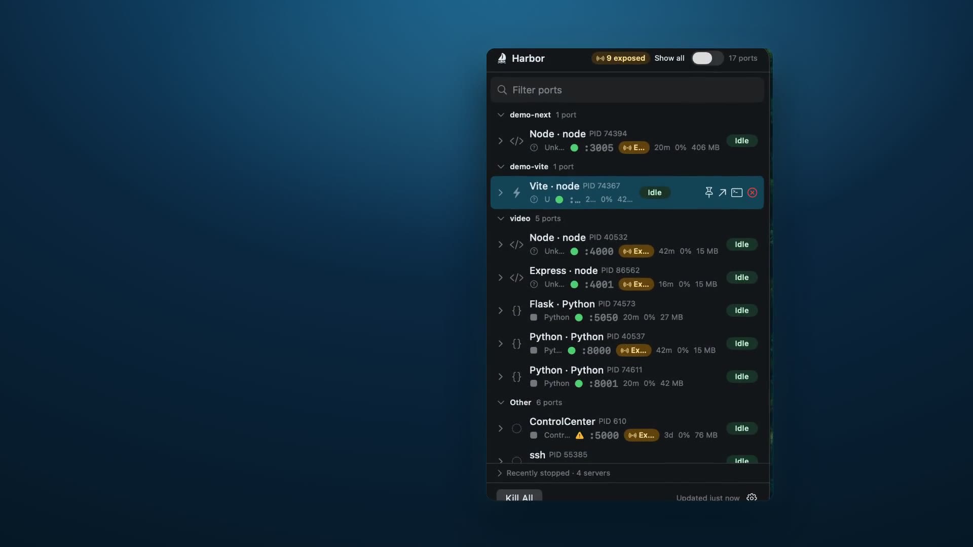 Harbor's menu-bar panel listing local development servers, framework detection, live vitals, and per-port actions